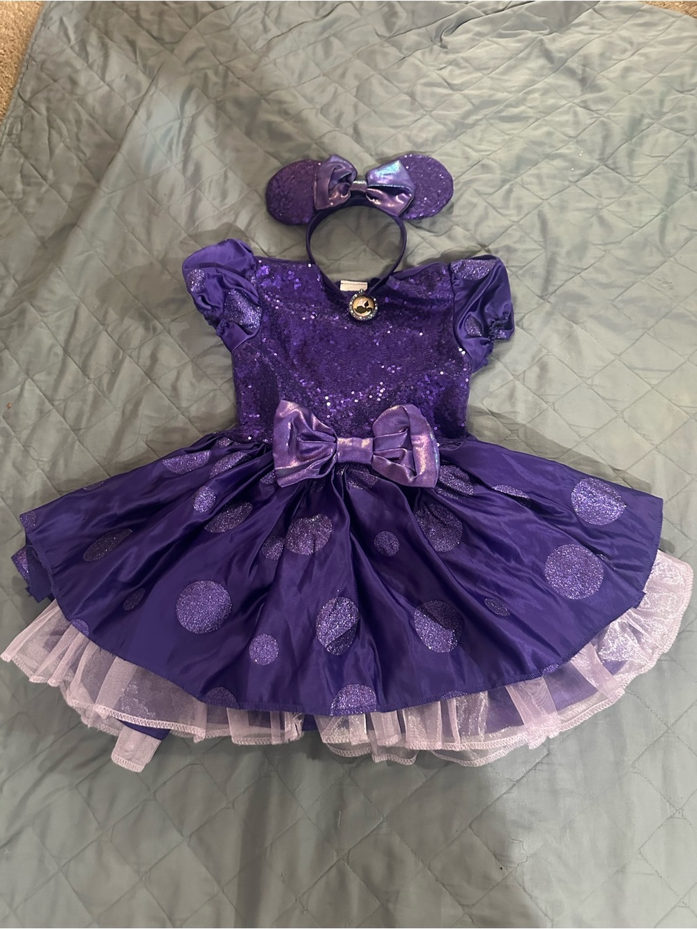 Disney Purple Sequin Polka Dot Minnie Mouse Costume Dress with Ears and tutu
